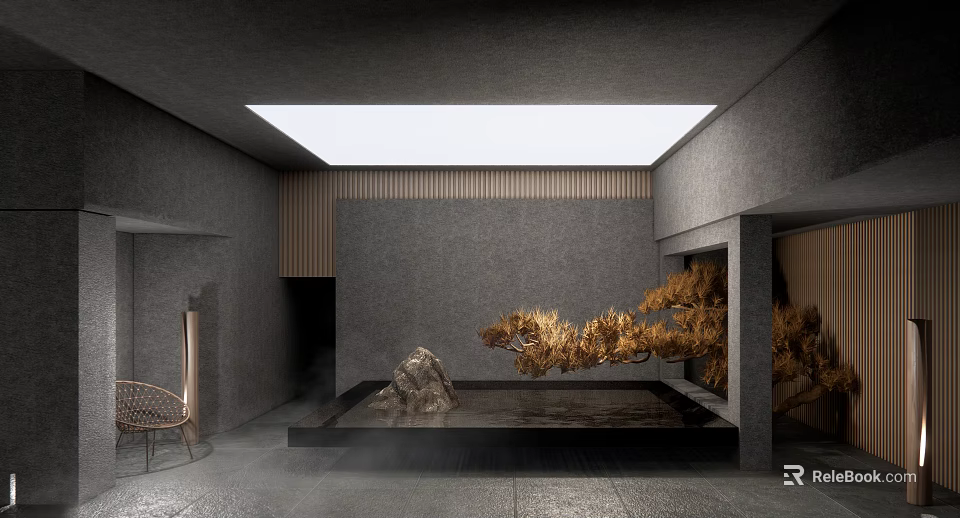 Minimalist Japanese Indoor Garden With Rock Water Pool And Pine Tree Decor 3d model 