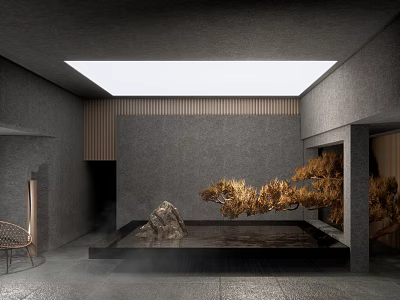 Minimalist Japanese Indoor Garden With Rock Water Pool And Pine Tree Decor 3d model