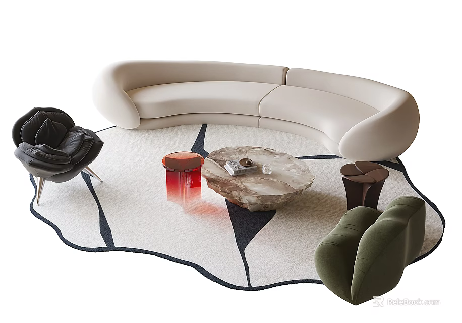 Modern Living Room Design With Curved Beige Sofa Marble Coffee Table And Accent Chairs On Rug 3d model 