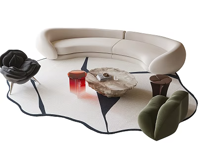 Modern Living Room Design With Curved Beige Sofa Marble Coffee Table And Accent Chairs On Rug 3d model