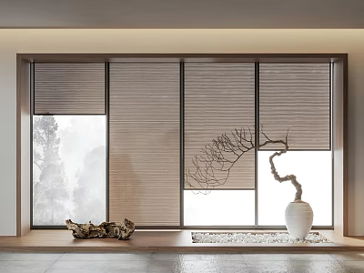 Modern Window With Blinds Misty View White Vase Bare Branch And Wooden Decor 3d model