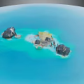 Cartoon Scene of Blue Ocean with Island Rocks and Small Buildings