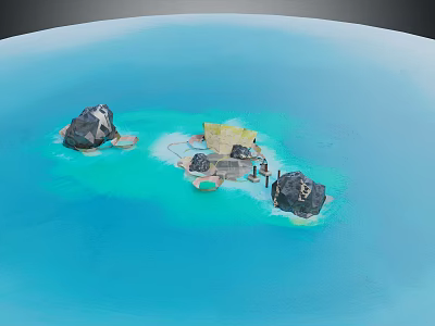 Cartoon Scene of Blue Ocean with Island Rocks and Small Buildings 3d model