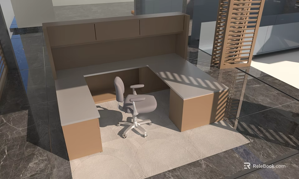 L Shaped Office Desk With Ergonomic Chair On Glass Floor And Wooden Partition 3d model 