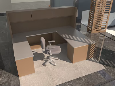 L Shaped Office Desk With Ergonomic Chair On Glass Floor And Wooden Partition 3d model