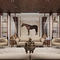 Elegant Hotel Public Lounge with Wooden Ceiling Horse Painting Comfortable Sofa Decorative Sculpture Soft Lighting