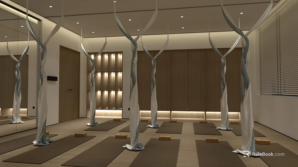 Bright Clean Indoor Yoga Studio With Hanging Hammocks Yoga Mats And Wooden Storage Cabinets 3d model 