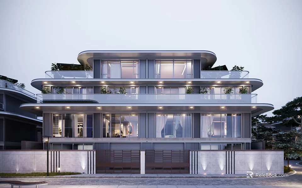 Modern Detached Villa Exterior Design With Large Windows Balconies Plants And Garage 3d model 