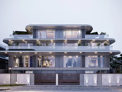 Modern Detached Villa Exterior Design With Large Windows Balconies Plants And Garage 3d model