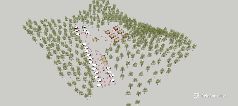 Forest Camping Area With Tents Vehicles And Dense Green Trees Layout 3d model 