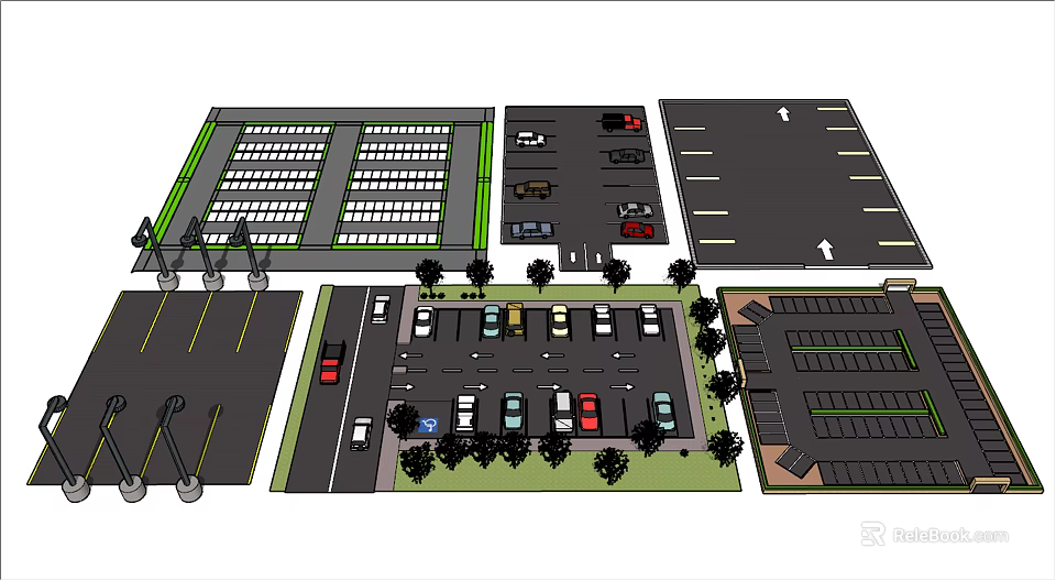 Parking Lot Design Layouts Featuring Multiple Vehicle Parking Areas And Landscaping Elements 3d model 