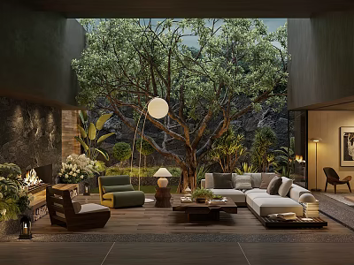 Interior Garden Landscape Design With Large Tree Sofa Chairs Green Plants And Lighting 3d model