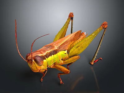 Realistic Brown And Green Grasshopper With Long Antennae And Hind Legs 3d model