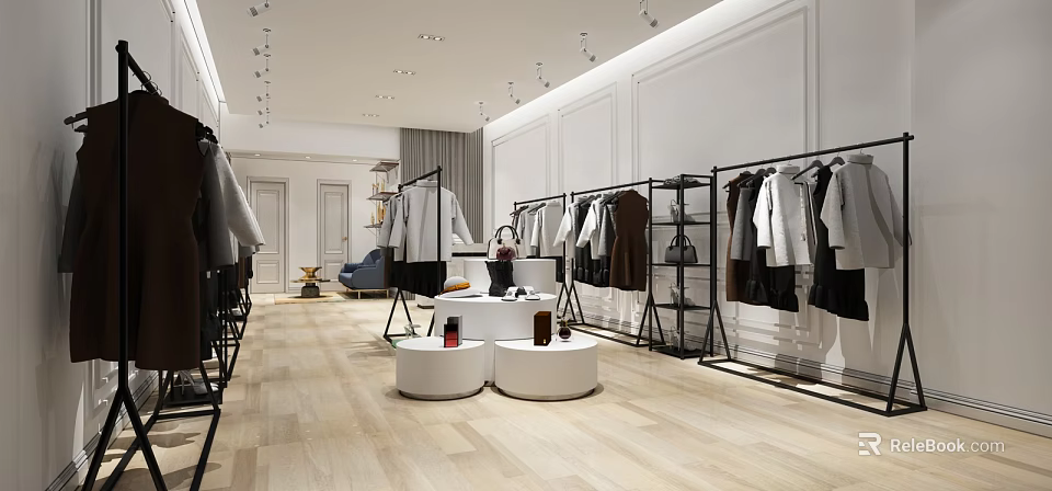 Modern Clothing Store Interior With Hanging Clothes Racks Round White Tables Spotlights And Wooden Floors 3d model 