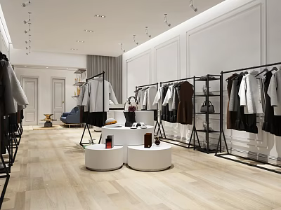 Modern Clothing Store Interior With Hanging Clothes Racks Round White Tables Spotlights And Wooden Floors 3d model