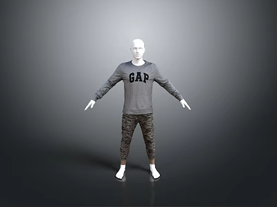 Gray Long Sleeve GAP Logo Sweatshirt With Camouflage Pants And White Shoes 3d model