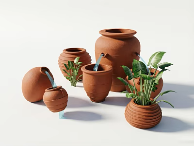 Terracotta Ceramic Vessels in Various Sizes and Shapes with Striped Design and Green Plants 3d model