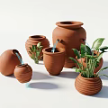 Terracotta Ceramic Vessels in Various Sizes and Shapes with Striped Design and Green Plants