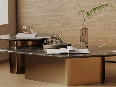 Modern Sofa and Coffee Table Set with Marble Top Metal Frame Decorative Vase Books Glassware 3d model