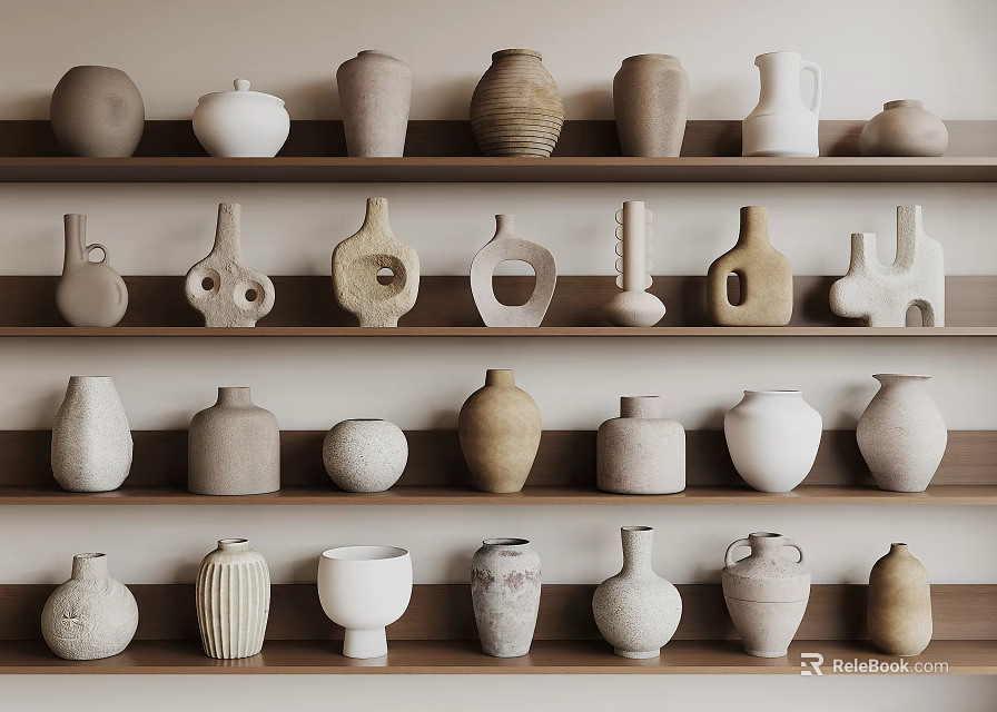 Decorative Ceramic Vessels in Various Shapes and Neutral Tones on Wooden Shelves for Home Decor 3d model 
