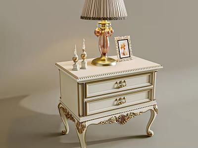 Elegant White Chest of Drawers With Carved Legs Gold Handles And Decorative Lamp Frame 3d model
