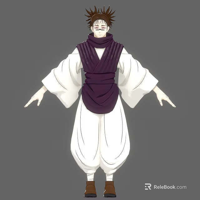 Man In Traditional White Robe With Purple Vest And Wide Sleeves Outfit 3d model 