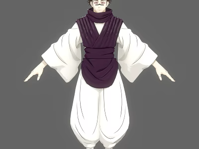 Man In Traditional White Robe With Purple Vest And Wide Sleeves Outfit 3d model