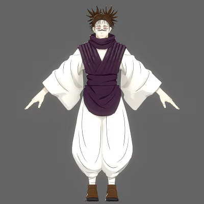 Man In Traditional White Robe With Purple Vest And Wide Sleeves Outfit 3d model