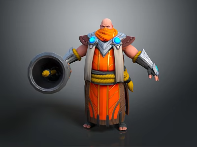 Bald Head Game Movie Character With Orange Scarf And Robe Holding Shield With Yellow Ornament 3d model