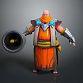 Bald Head Game Movie Character With Orange Scarf And Robe Holding Shield With Yellow Ornament