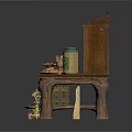 Wooden Carved Sideboard With Shelves Cabinets Displaying Cans Bread And Decorative Items