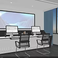 Functional Desk With Dual Monitors Ergonomic Chairs And Blue Abstract Art In Modern Office