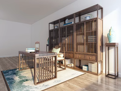 Traditional Chinese Wooden Desk with Bookshelf Chair Vase and Area Rug 3d model