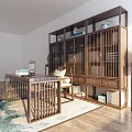 Traditional Chinese Wooden Desk with Bookshelf Chair Vase and Area Rug