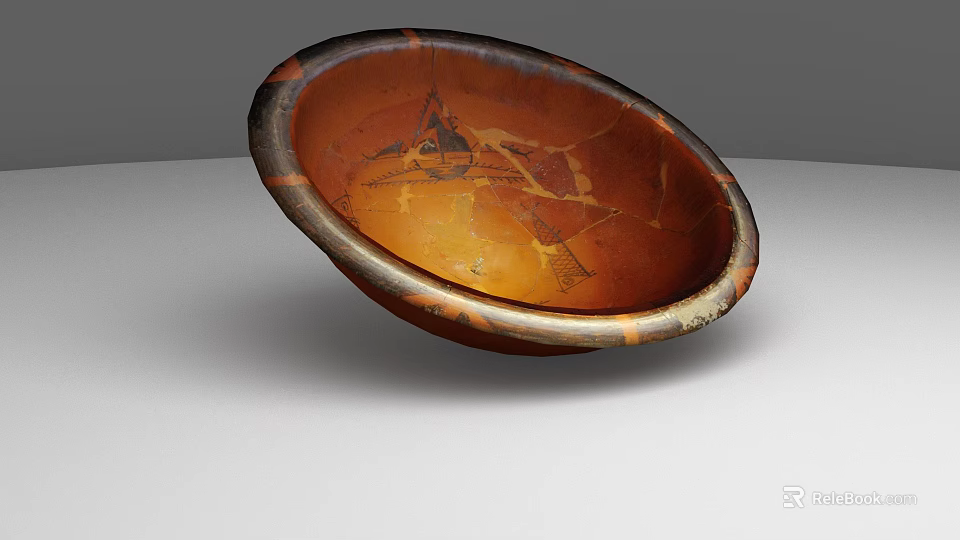 Brown Ceramic Bowl With Intricate Decorative Patterns And Dark Rim 3d model 