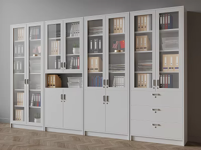 Modern White Office Filing Cabinets With Glass Doors And Storage Folders 3d model