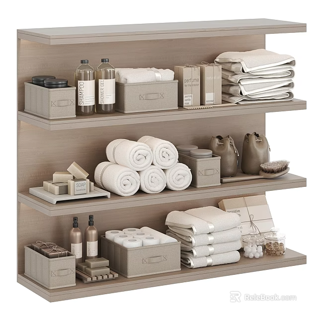 Neat Bathroom Shelves With Towels And Storage Accessories 3d model 