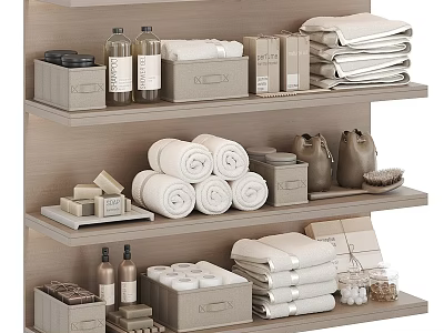 Neat Bathroom Shelves With Towels And Storage Accessories 3d model