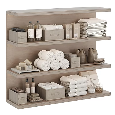 Neat Bathroom Shelves With Towels And Storage Accessories 3d model