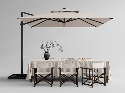 Outdoor Dining Table with Patio Umbrella Decorative Vase Branches and Wooden Chairs Setup 3d model