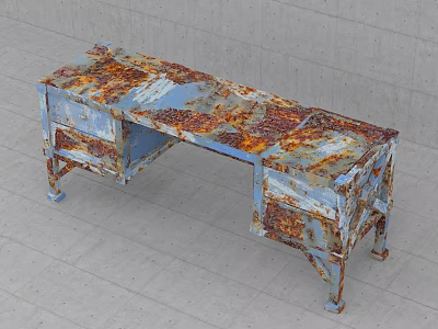 Rustic Blue Vintage Desk With Rusted Surface Drawers And Metal Legs 3d model