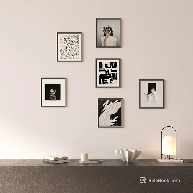 Wall Decor With Framed Artworks And Tabletop Items Lamp Books Candle And Decorative Bowl 3d model 