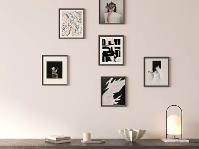 Wall Decor With Framed Artworks And Tabletop Items Lamp Books Candle And Decorative Bowl 3d model