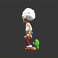Orange Character With Fluffy White Hair Blue Sash Red Pants And Small Green Creature