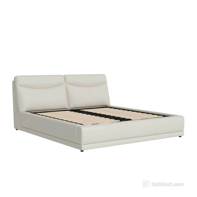 Beige Upholstered Double Bed with Modern Minimalist Frame and Slat Support System 3d model 
