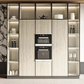 Modern Light Wood Kitchen Cabinets With LED Lighting Open Shelves Built In Ovens And Storage