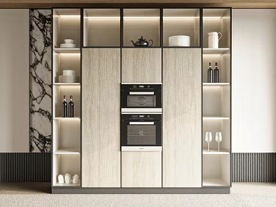 Modern Light Wood Kitchen Cabinets With LED Lighting Open Shelves Built In Ovens And Storage 3d model