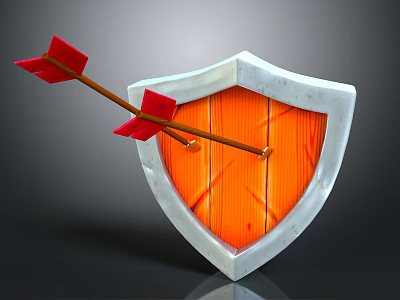 Traditional Weapon Shield With Red Arrow Piercing Orange Wooden Surface And White Edge 3d model