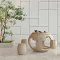 Stone Round Table And Stools Set With Green Plant White Square Wall And Tea Set 3d model