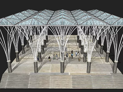 Modern Pergola With Grid Roof Design Metal Columns and Stone Floor for Outdoor People Gathering 3d model